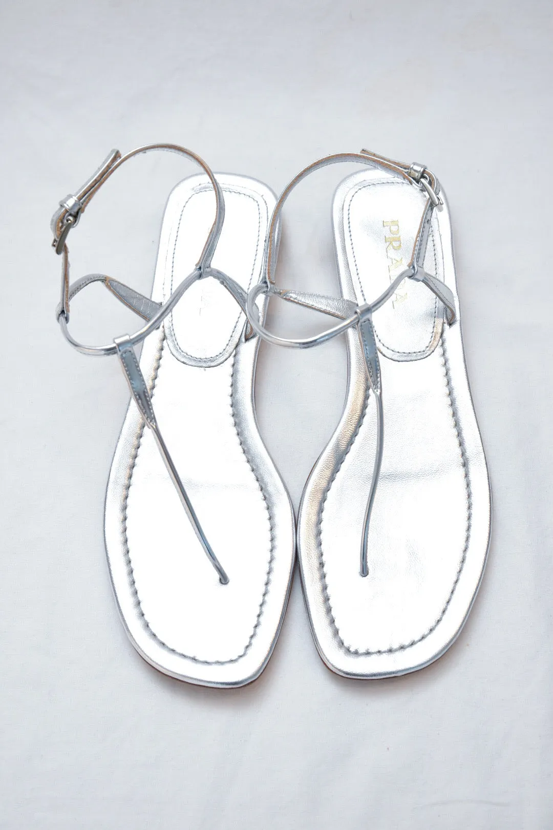 Prada Flat Metallic Leather T-Strap Sandal