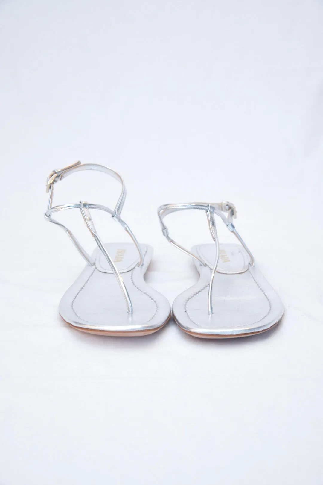 Prada Flat Metallic Leather T-Strap Sandal