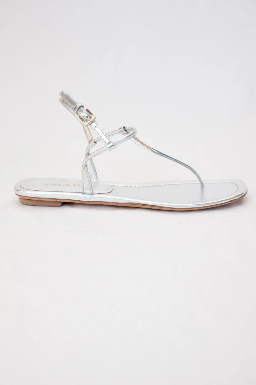 Prada Flat Metallic Leather T-Strap Sandal