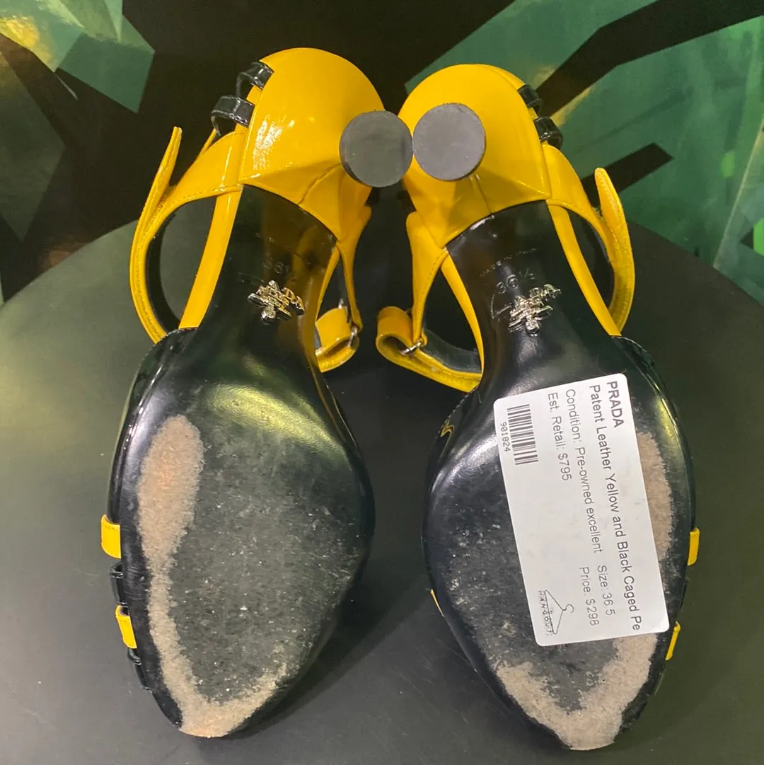 Prada Patent Leather Yellow and Black Caged Peep Toe Sandal