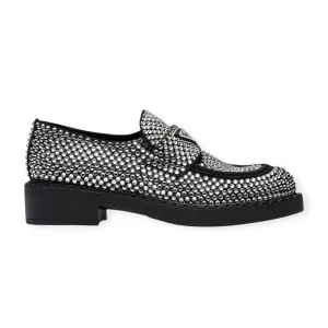 Prada Shoes, Black Satin Crystal Metal Triangle Logo 50mm Loafers (size 41)