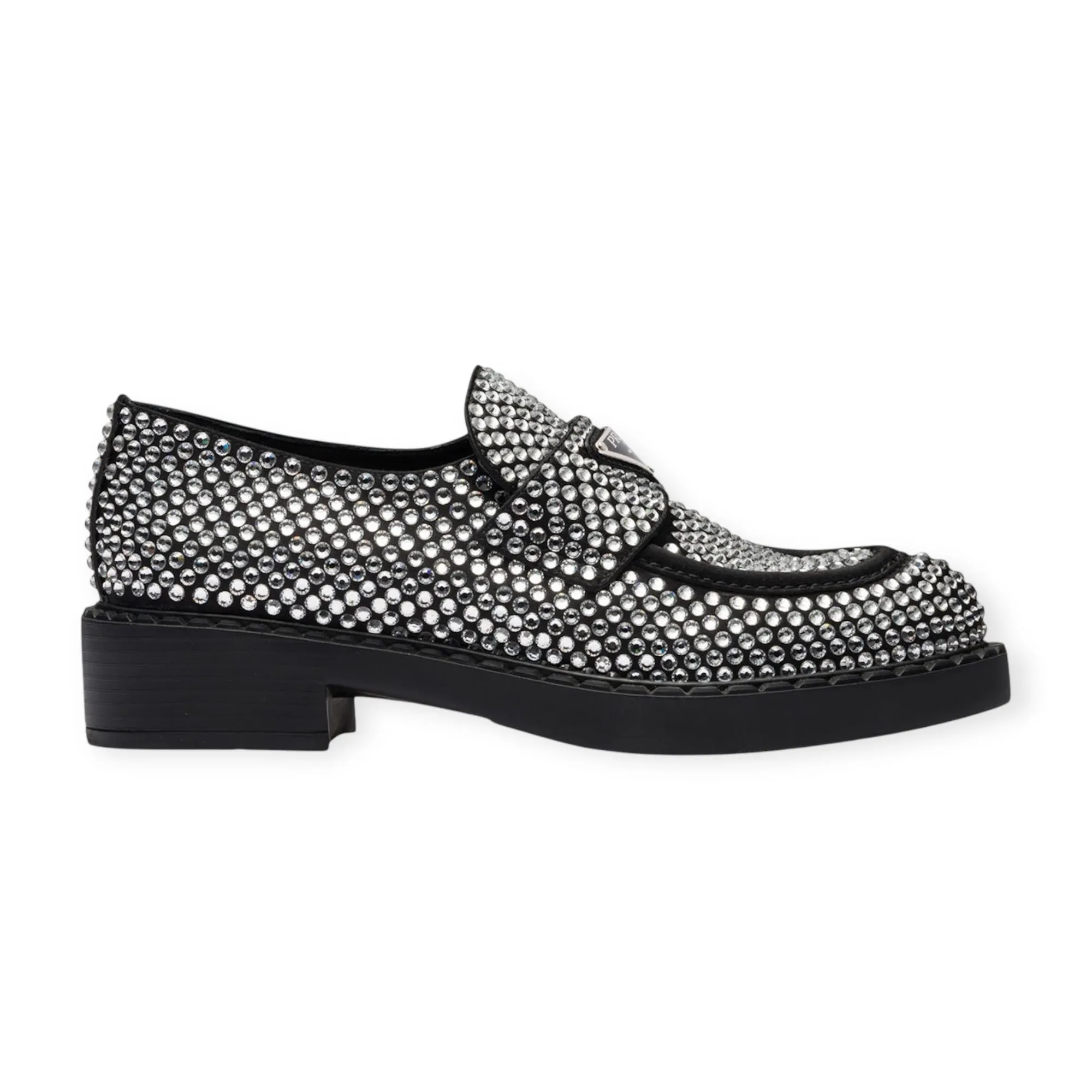 Prada Shoes, Black Satin Crystal Metal Triangle Logo 50mm Loafers (size 41)