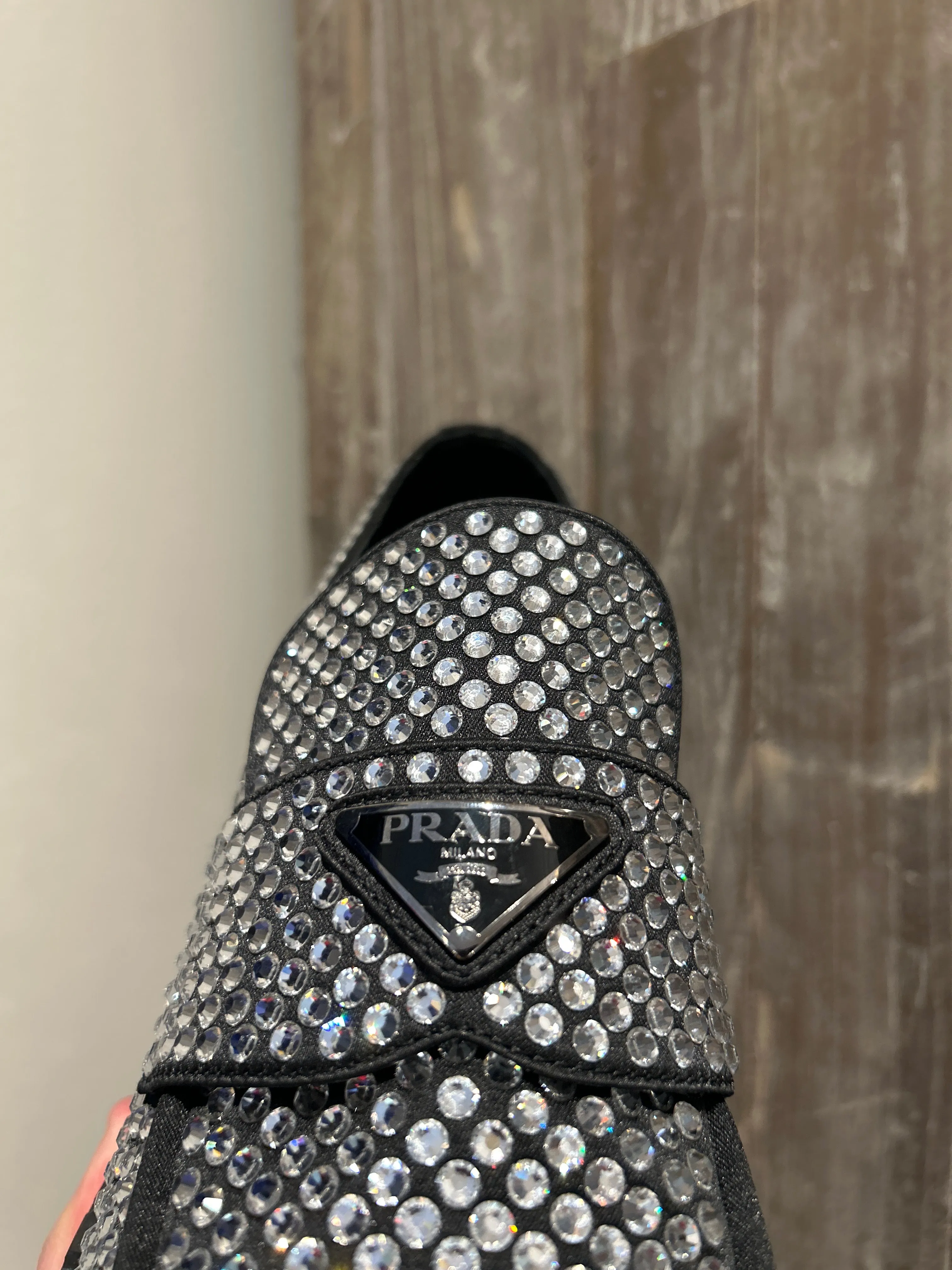 Prada Shoes, Black Satin Crystal Metal Triangle Logo 50mm Loafers (size 41)