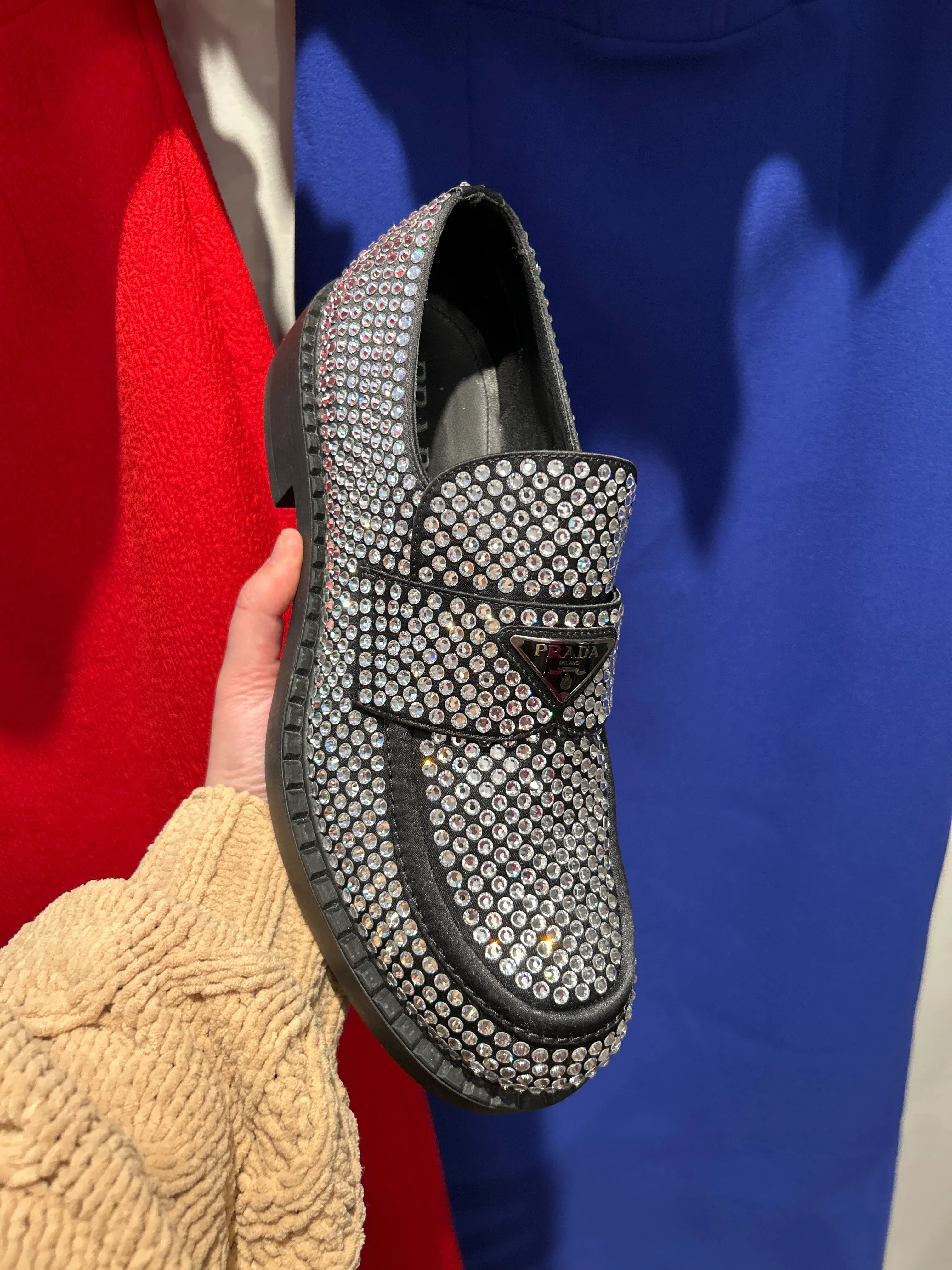 Prada Shoes, Black Satin Crystal Metal Triangle Logo 50mm Loafers (size 41)