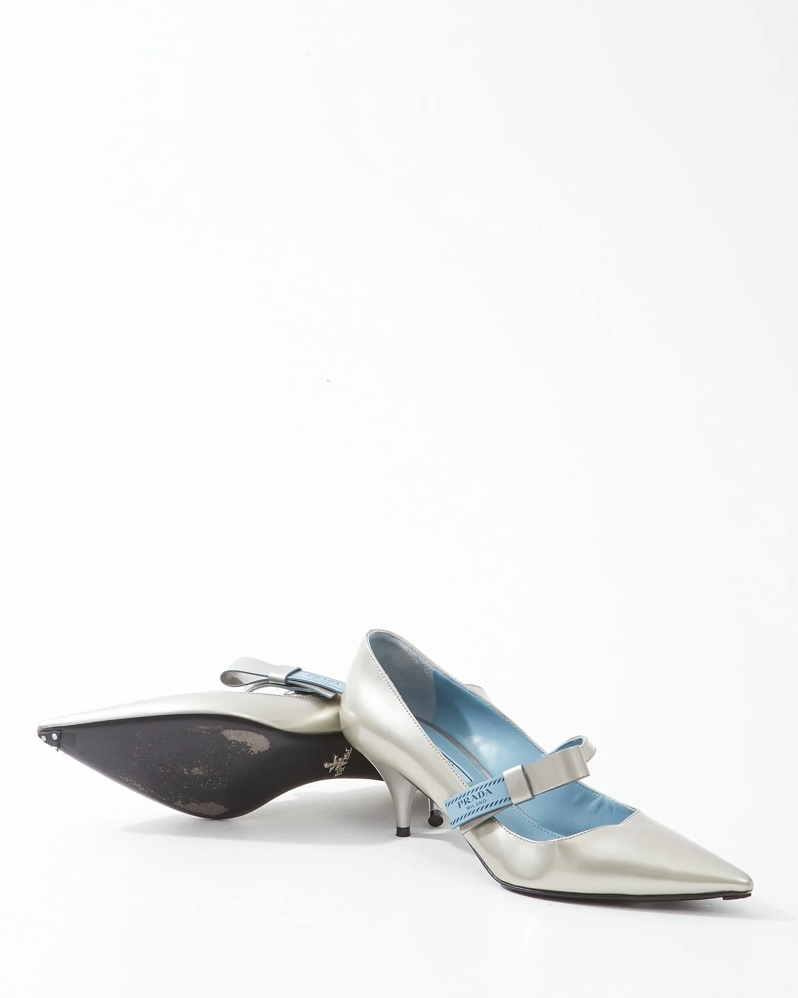 Prada Silver Patent Leather Logo Strap Kitten Heel - 39