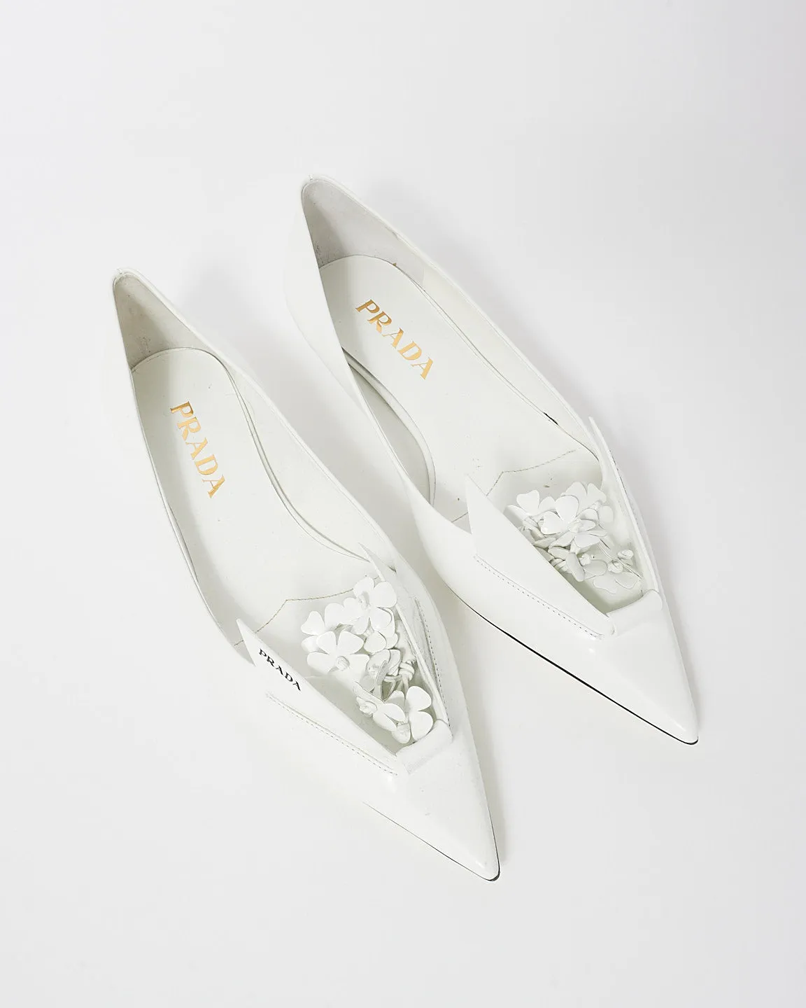 Prada White Leather Floral Appliqué Flats - 36.5