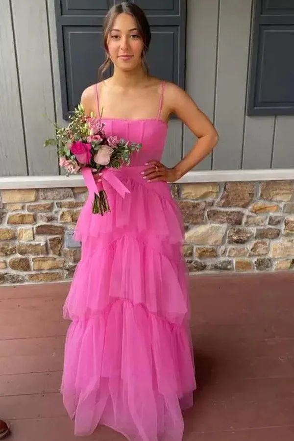 Princess Hot Pink Tiered Tulle Long Prom Dress Evening Dress TP1144
