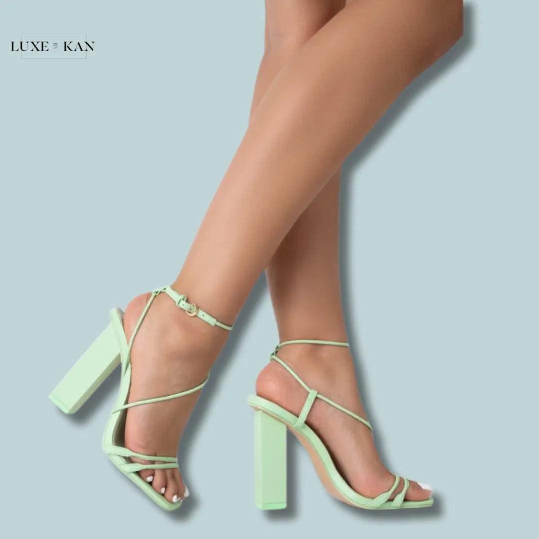 PUBLIC DESIRE MARLEY MINT GREEN PU STRAPPY BARELY THERE SQUARE TOE BLOCK HEELS