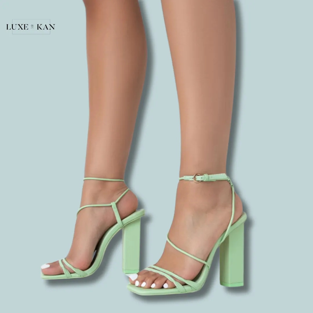 PUBLIC DESIRE MARLEY MINT GREEN PU STRAPPY BARELY THERE SQUARE TOE BLOCK HEELS