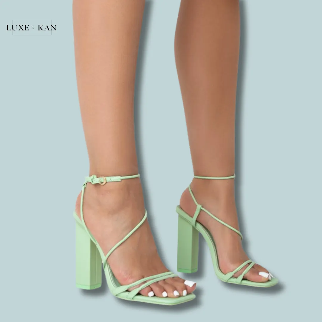 PUBLIC DESIRE MARLEY MINT GREEN PU STRAPPY BARELY THERE SQUARE TOE BLOCK HEELS