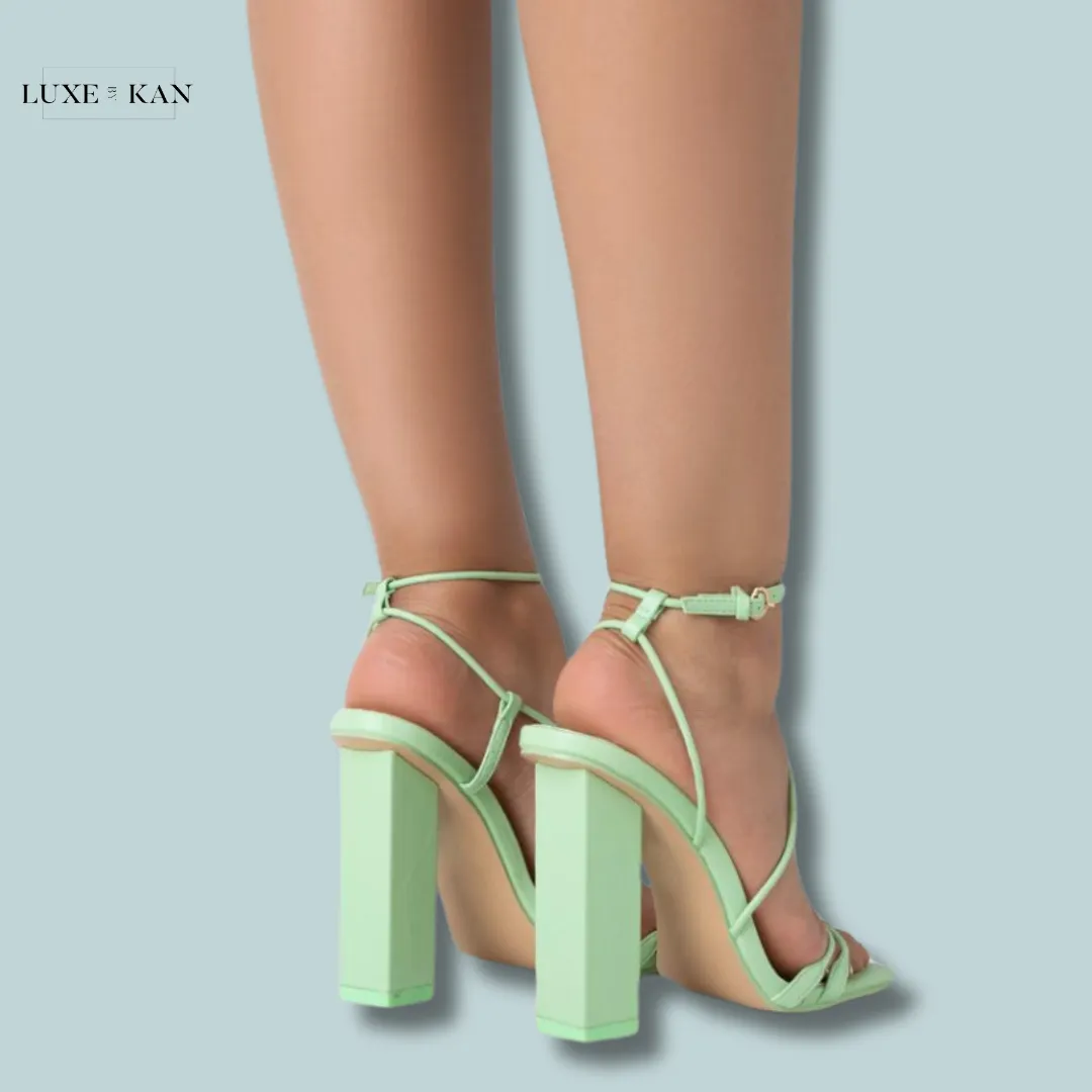 PUBLIC DESIRE MARLEY MINT GREEN PU STRAPPY BARELY THERE SQUARE TOE BLOCK HEELS