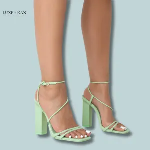 PUBLIC DESIRE MARLEY MINT GREEN PU STRAPPY BARELY THERE SQUARE TOE BLOCK HEELS