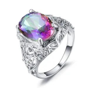 Purple Iridescent Crystal & Silver-Plated Oval-Cut Filigree Ring