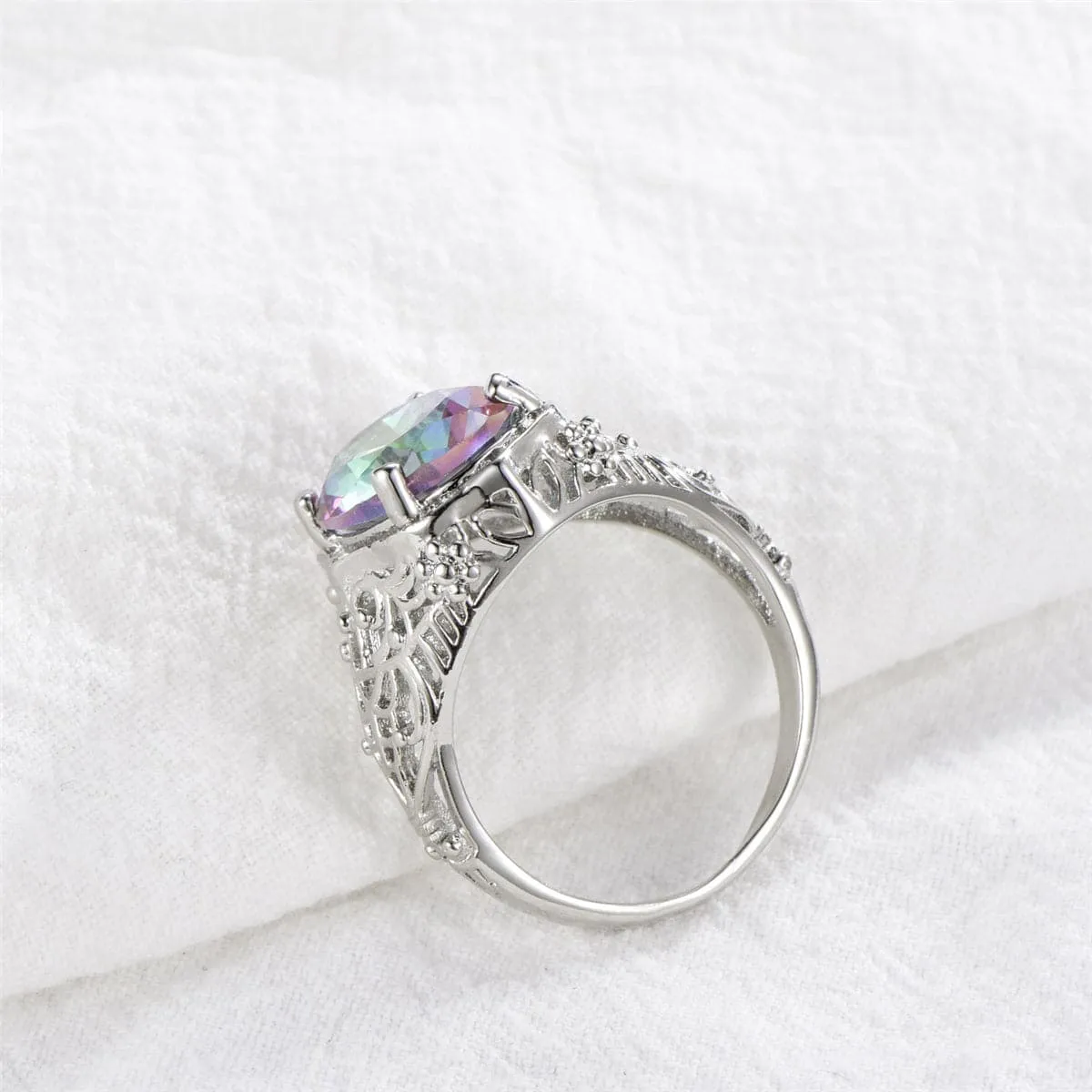 Purple Iridescent Crystal & Silver-Plated Oval-Cut Filigree Ring