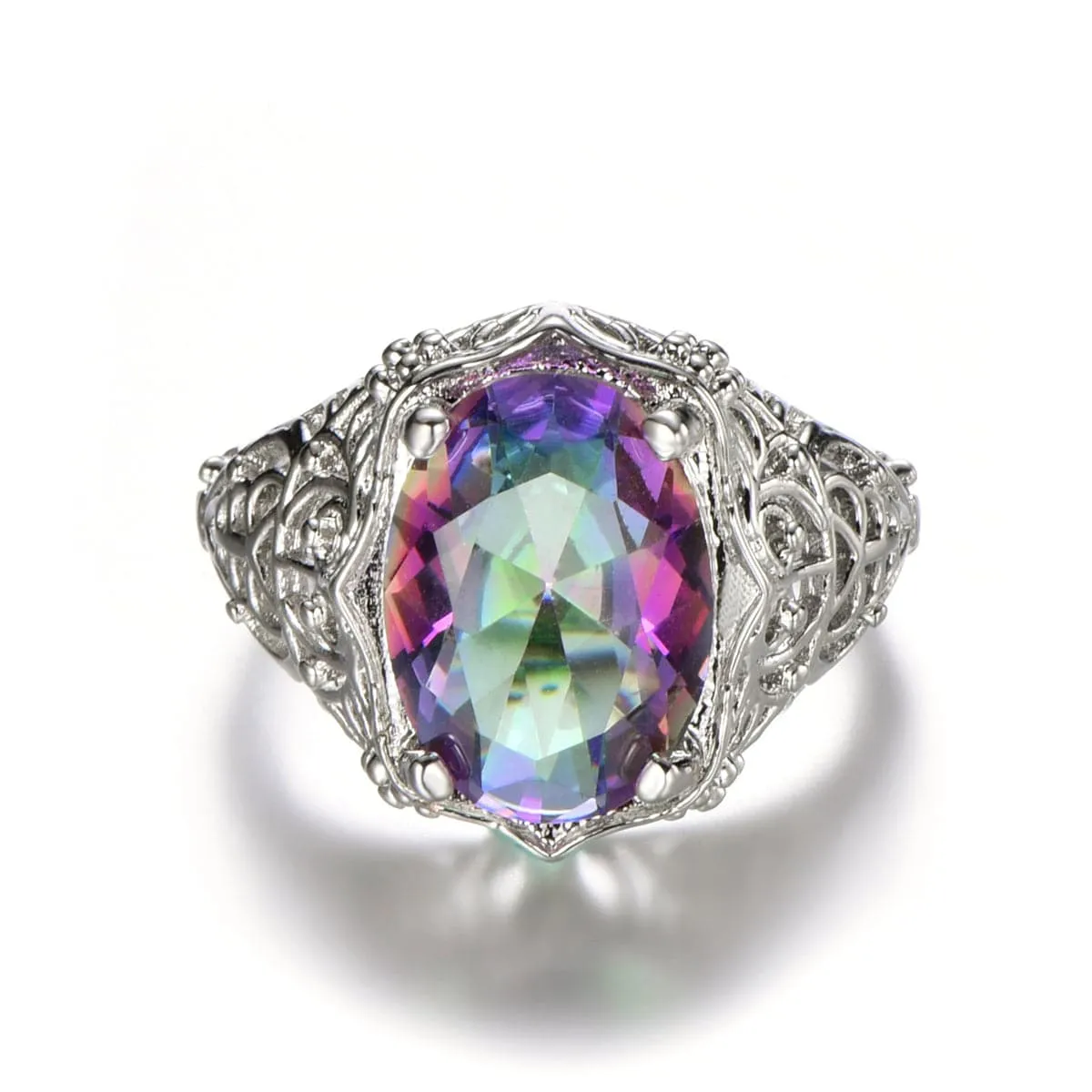 Purple Iridescent Crystal & Silver-Plated Oval-Cut Filigree Ring
