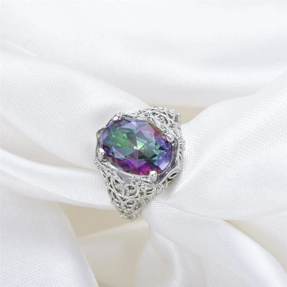 Purple Iridescent Crystal & Silver-Plated Oval-Cut Filigree Ring