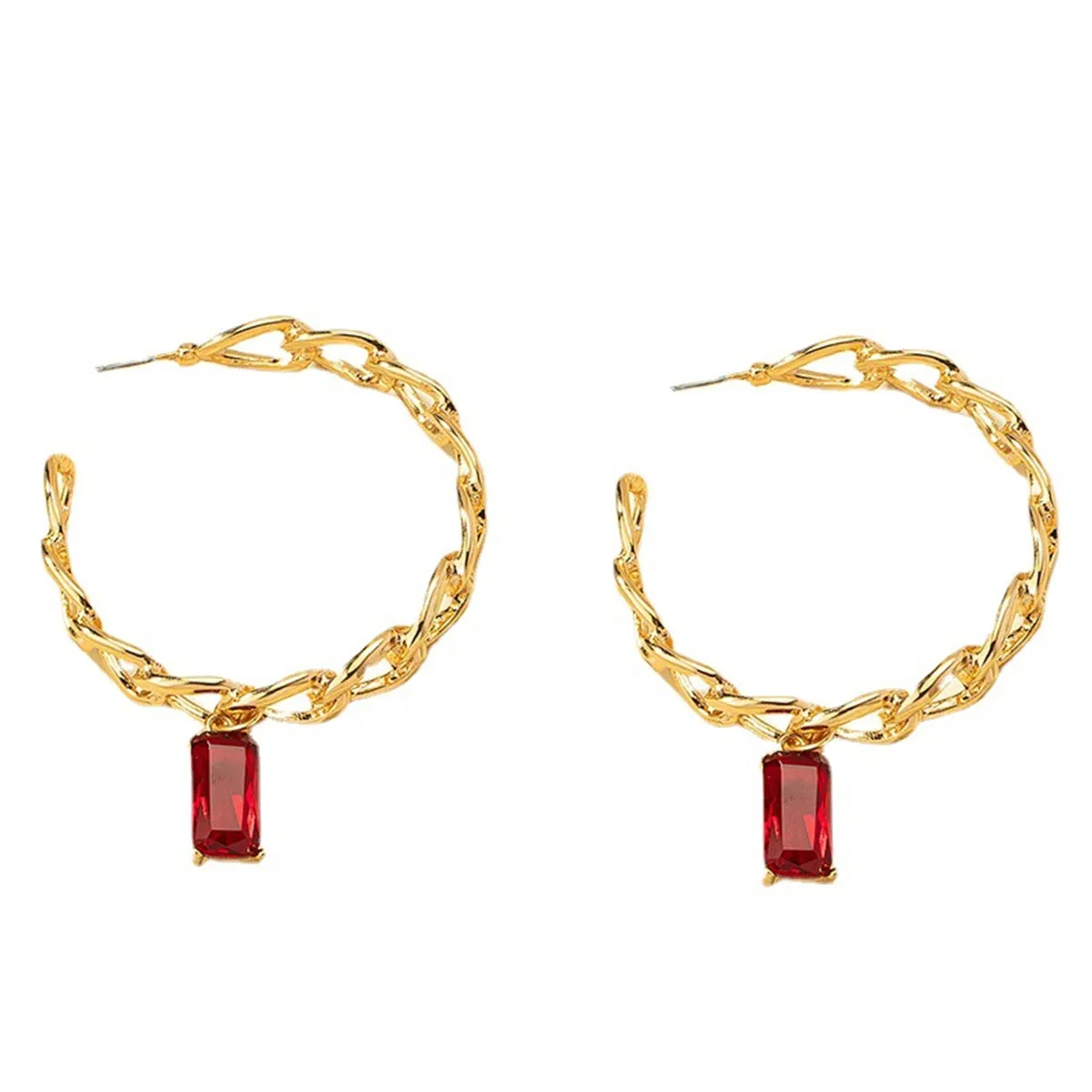 Red Crystal & 18K Gold-Plated Curb Chain Hoop Huggie Earrings