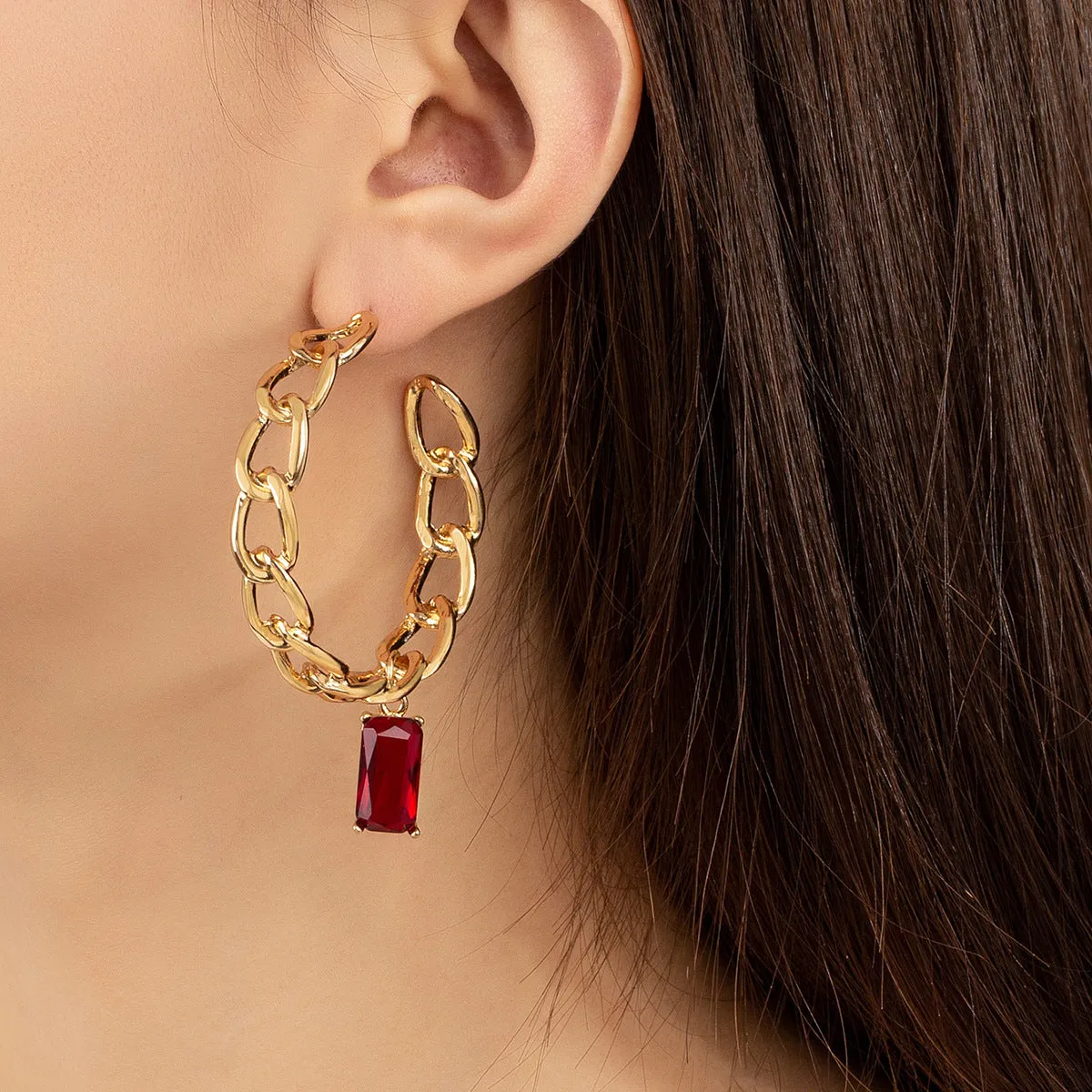 Red Crystal & 18K Gold-Plated Curb Chain Hoop Huggie Earrings