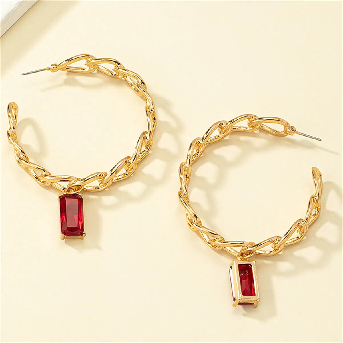 Red Crystal & 18K Gold-Plated Curb Chain Hoop Huggie Earrings