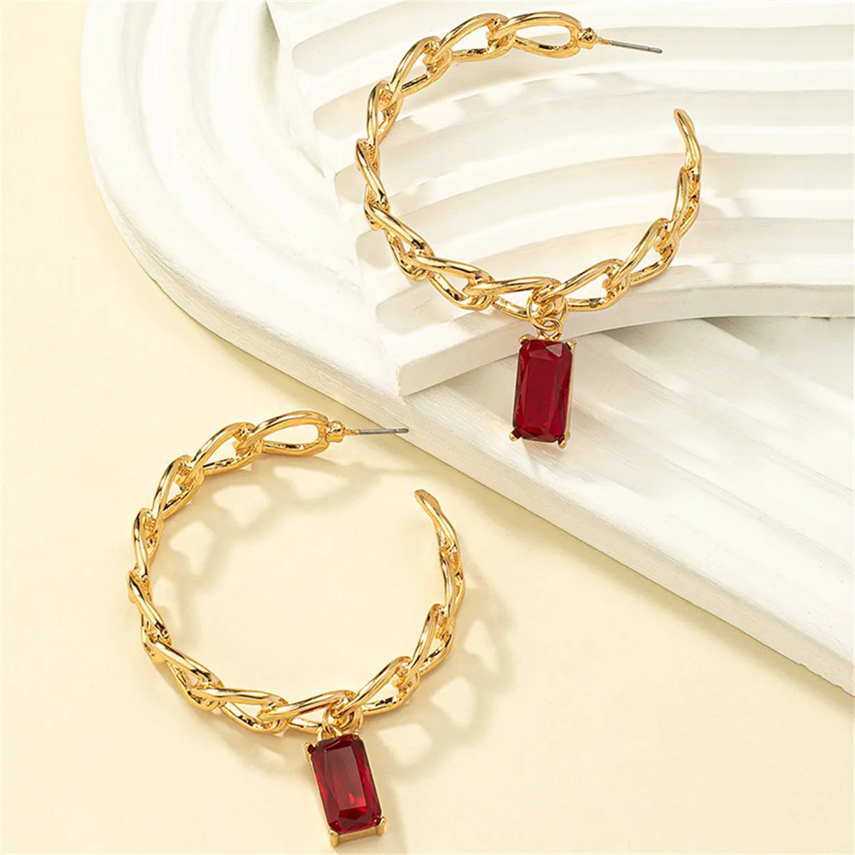 Red Crystal & 18K Gold-Plated Curb Chain Hoop Huggie Earrings