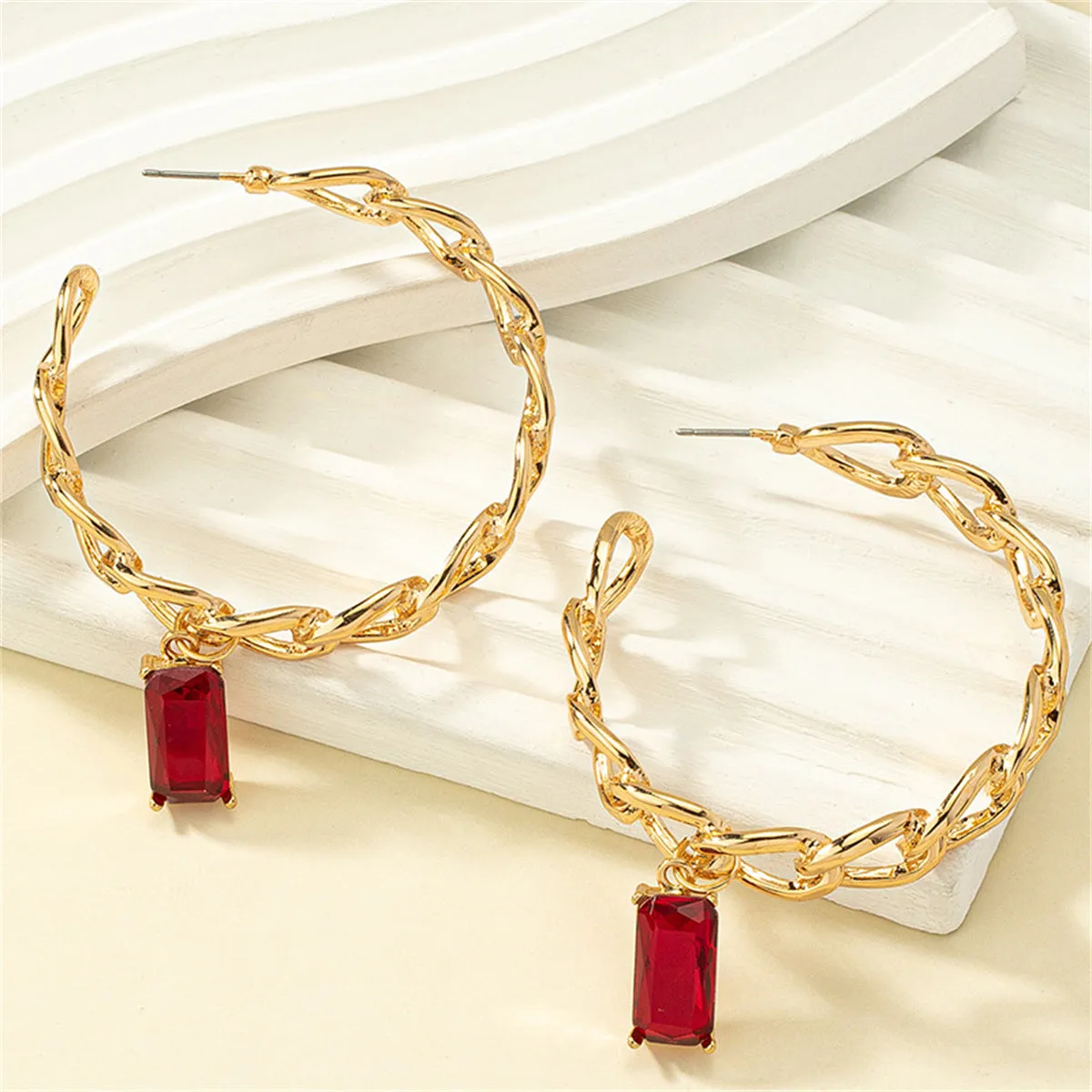 Red Crystal & 18K Gold-Plated Curb Chain Hoop Huggie Earrings
