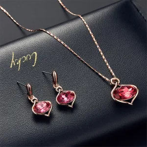 Red Crystal & 18K Gold Plated Pendant Necklace & Stud Earrings Set