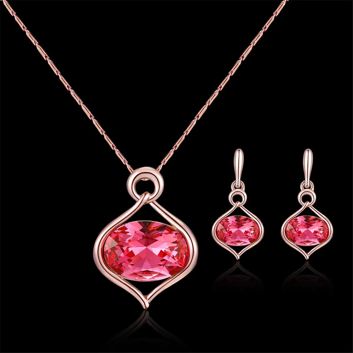 Red Crystal & 18K Gold Plated Pendant Necklace & Stud Earrings Set