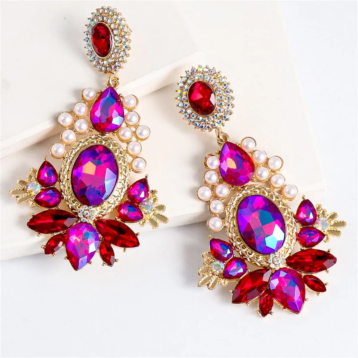Red Crystal & Cubic Zirconia Pearl 18K Gold-Plated Botany Drop Earrings