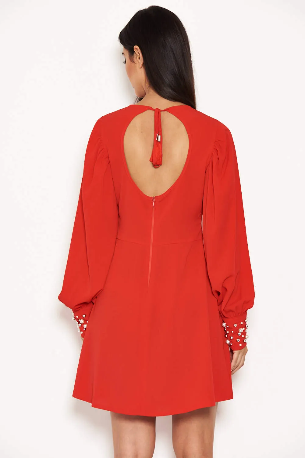 Red Pearl Detailed Mini Dress