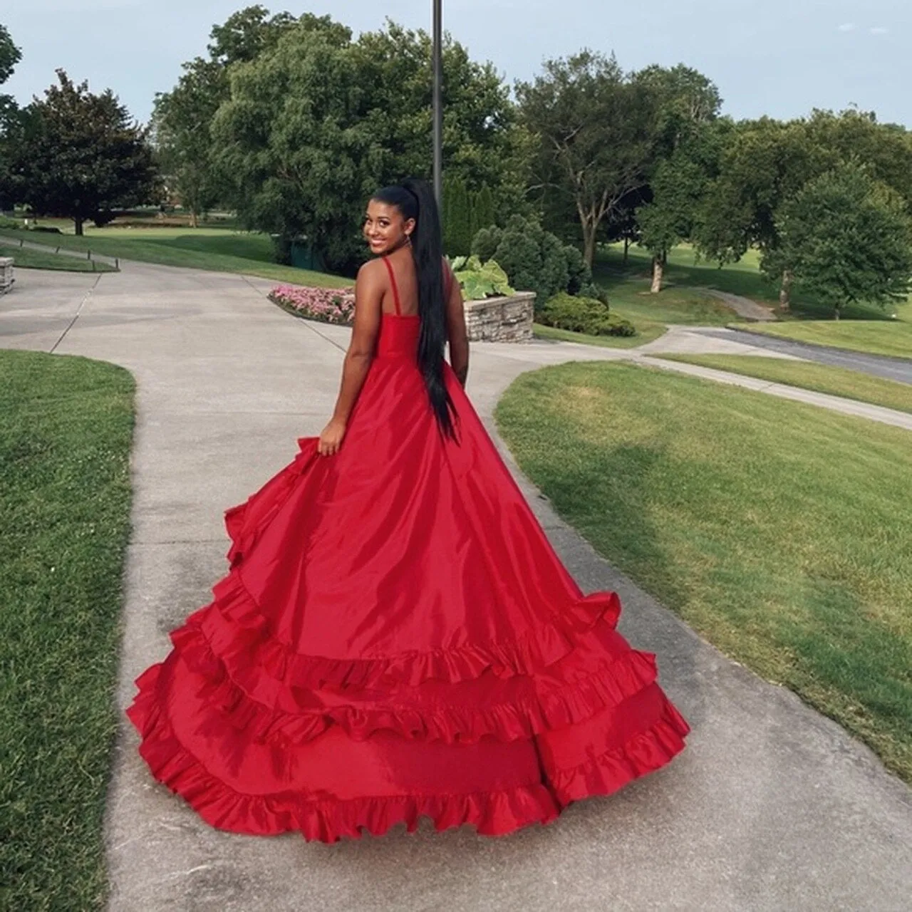 Red Satin Spaghetti Straps Pleats Prom Dress With Side Split GZ7496