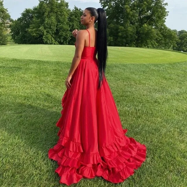 Red Satin Spaghetti Straps Pleats Prom Dress With Side Split GZ7496