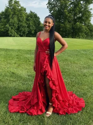 Red Satin Spaghetti Straps Pleats Prom Dress With Side Split GZ7496