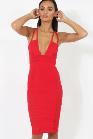 Red Strappy Ribbed Mesh Insert Midi Dress - Isabelle