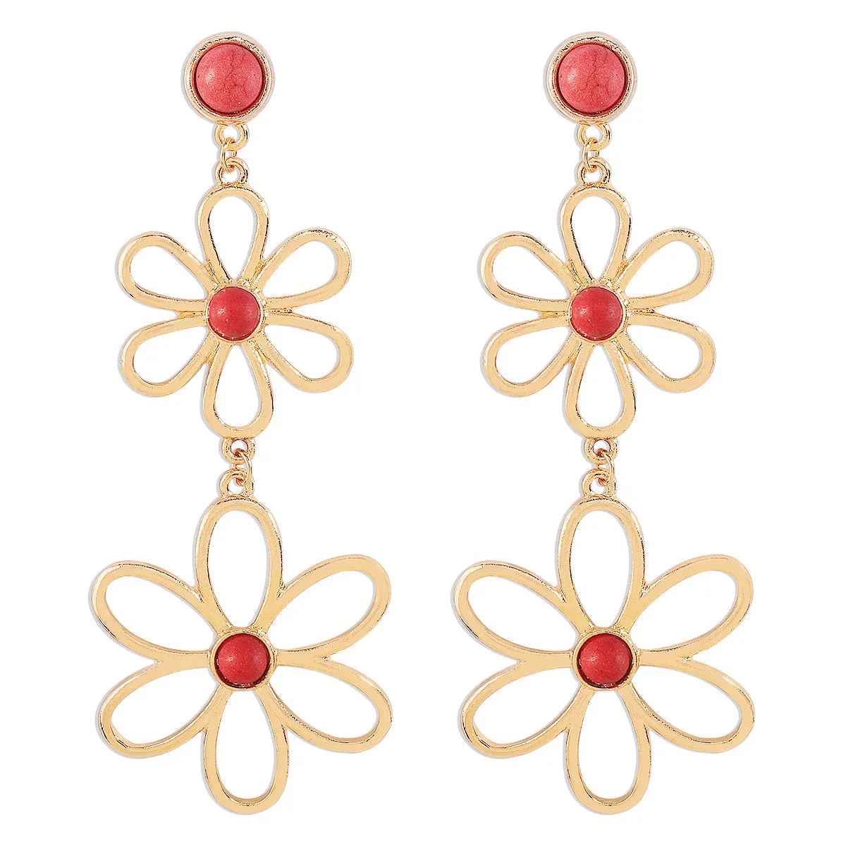 Red Turquoise & 18K Gold-Plated Open Flowers Dangle Earring