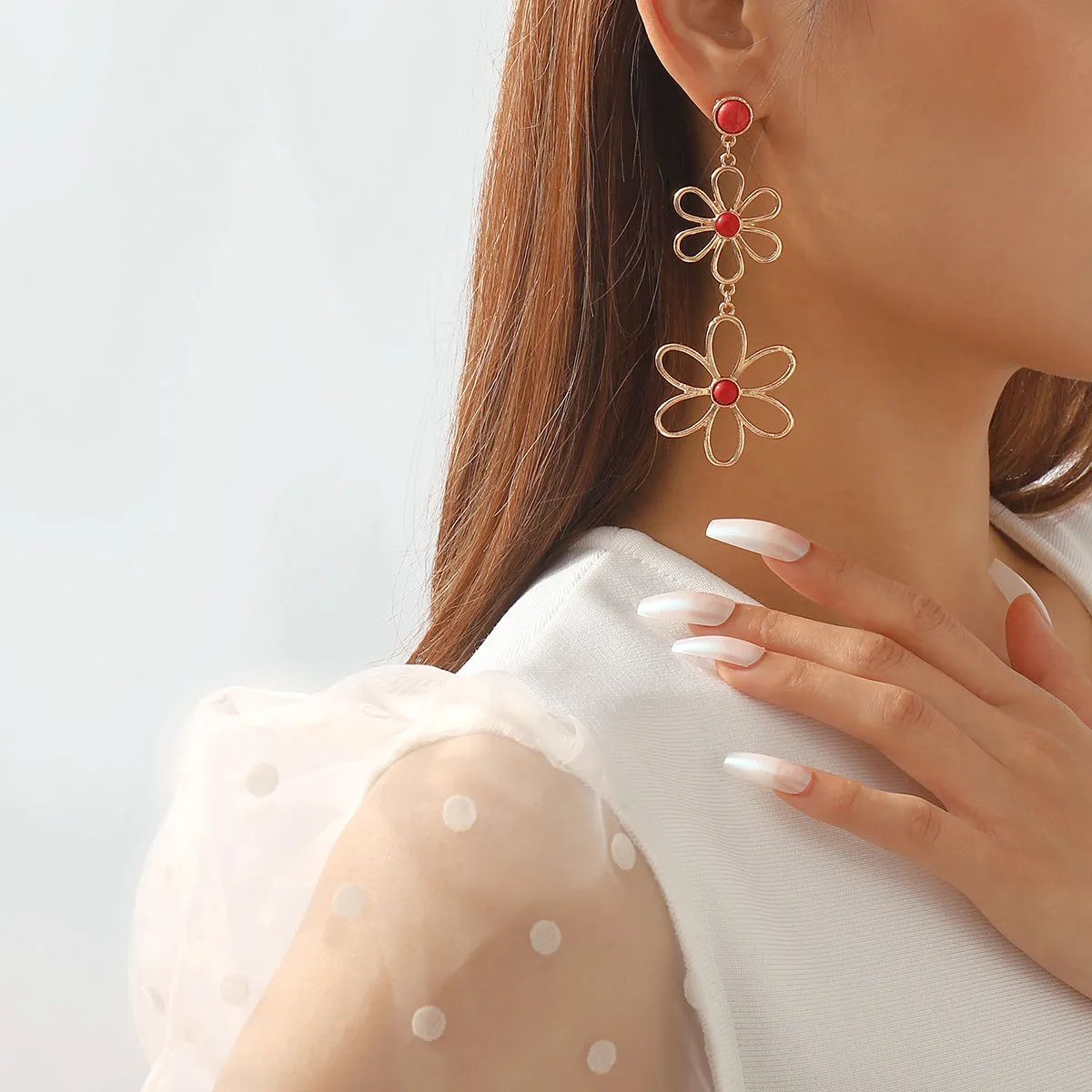 Red Turquoise & 18K Gold-Plated Open Flowers Dangle Earring