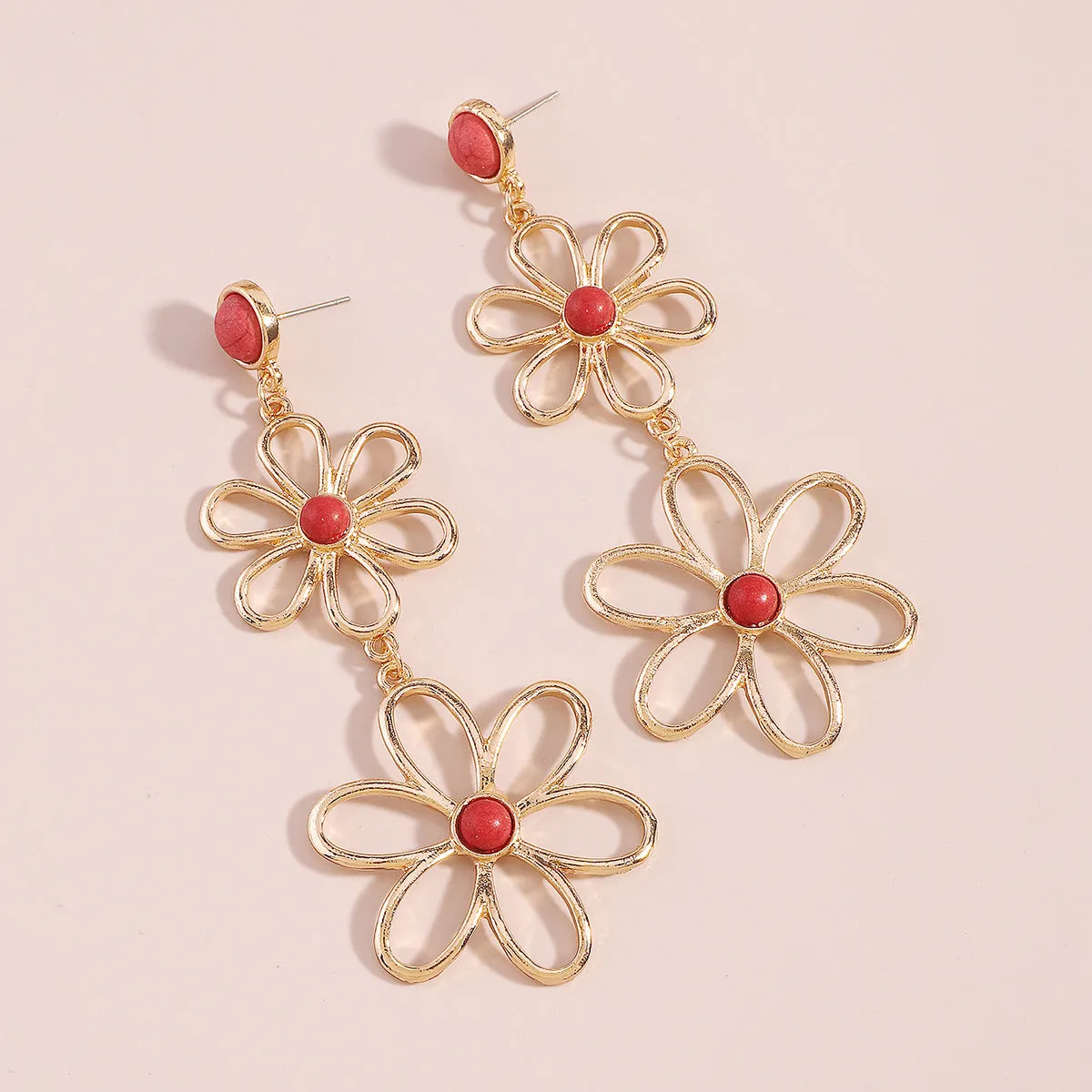 Red Turquoise & 18K Gold-Plated Open Flowers Dangle Earring