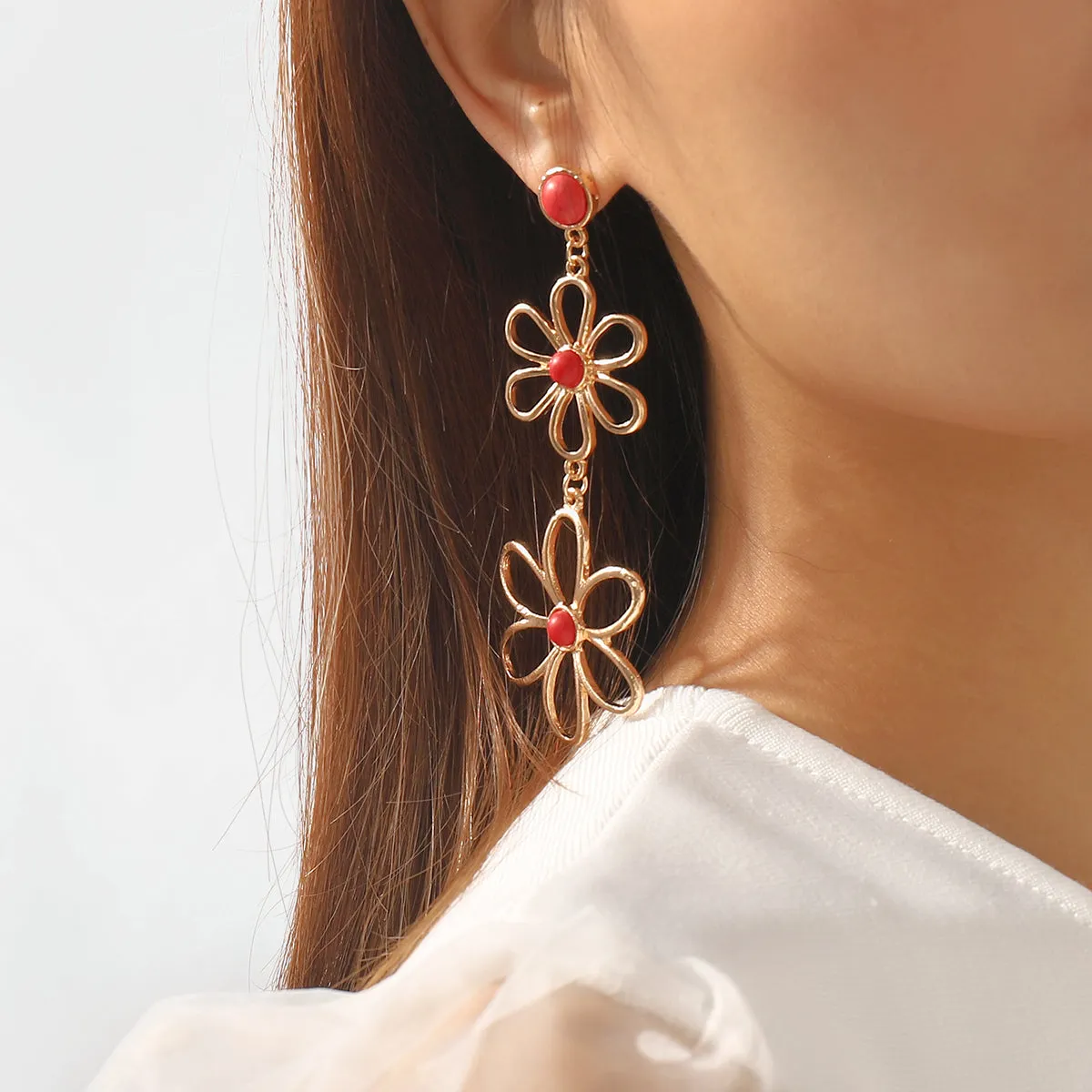 Red Turquoise & 18K Gold-Plated Open Flowers Dangle Earring