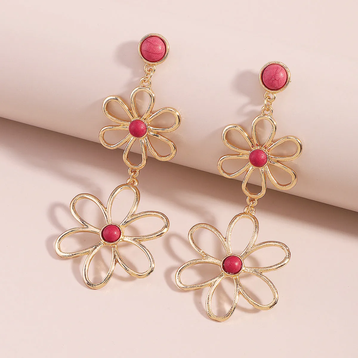 Red Turquoise & 18K Gold-Plated Open Flowers Dangle Earring