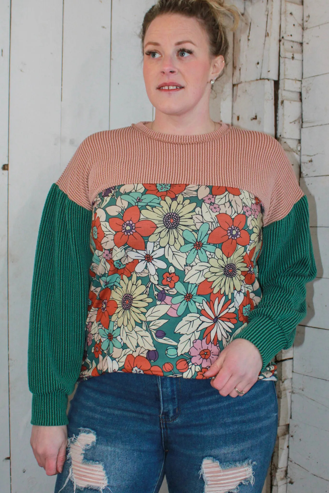 Retro and Ribbed Floral Color Block Top