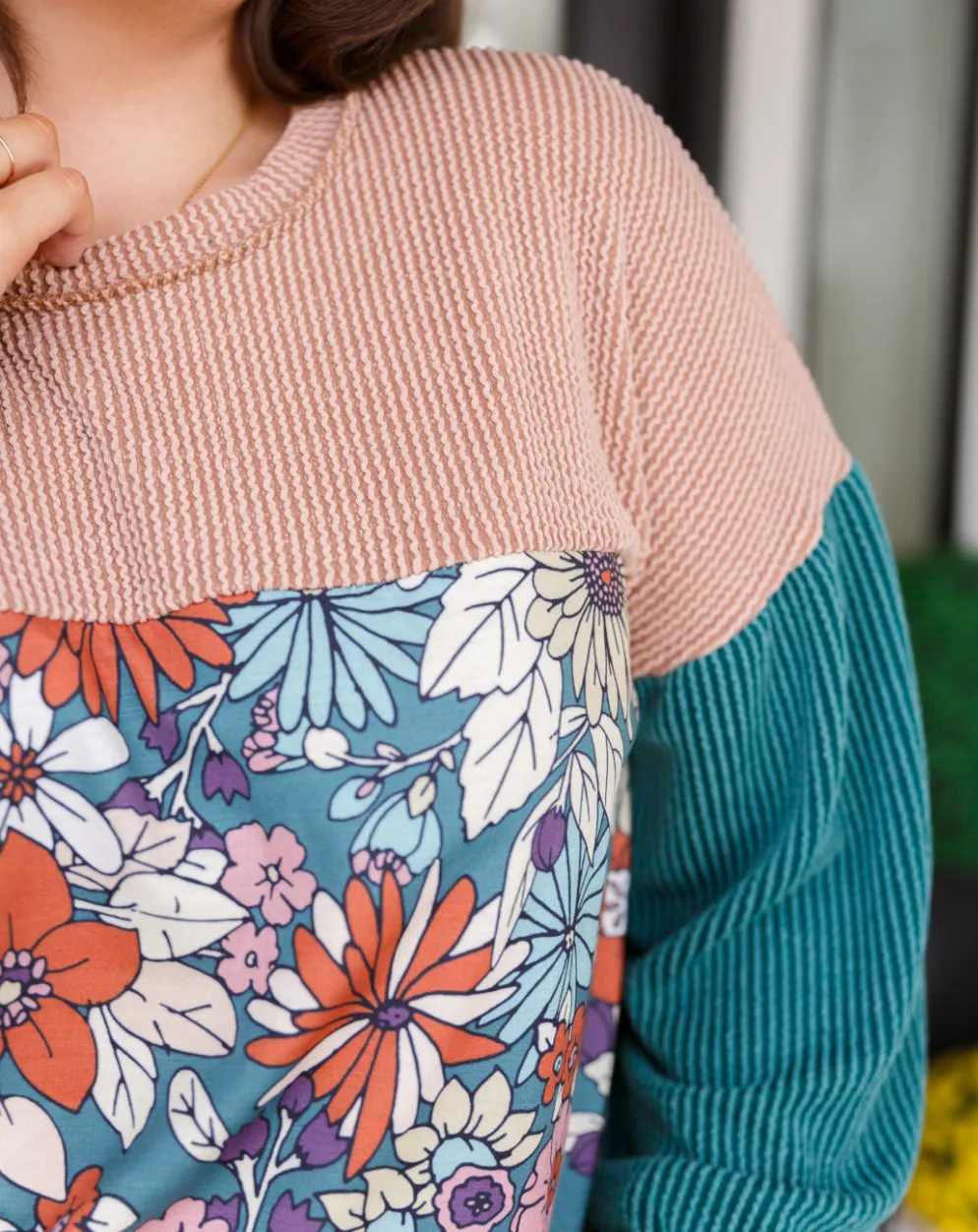 Retro and Ribbed Floral Color Block Top