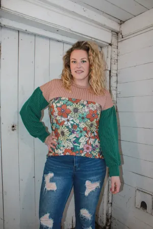 Retro and Ribbed Floral Color Block Top