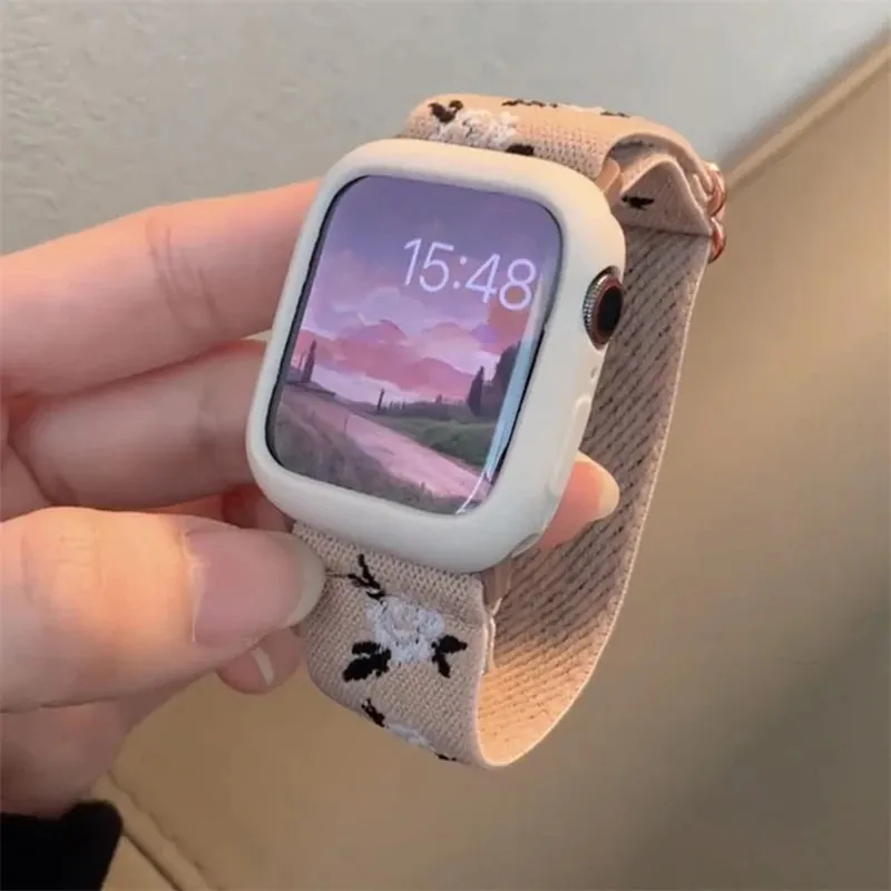 Retro Flower Elastic Nylon Band With Case For Apple Watch