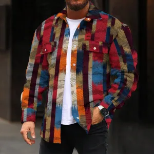 Retro Geometric Color Block Print Double Pocket Denim Jacket 2412000712