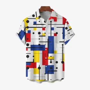 Retro Geometric Color Block Print Men's Button Pocket Short Sleeve Lapel Hawaiian Shirt 2401000116