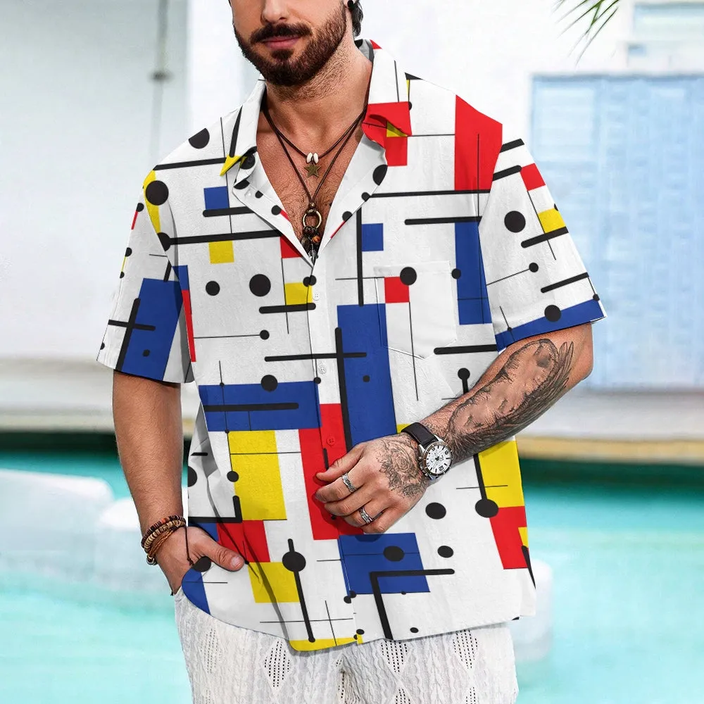 Retro Geometric Color Block Print Men's Button Pocket Short Sleeve Lapel Hawaiian Shirt 2401000116