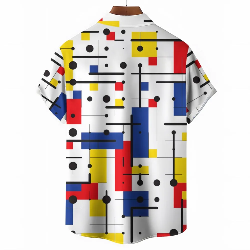 Retro Geometric Color Block Print Men's Button Pocket Short Sleeve Lapel Hawaiian Shirt 2401000116