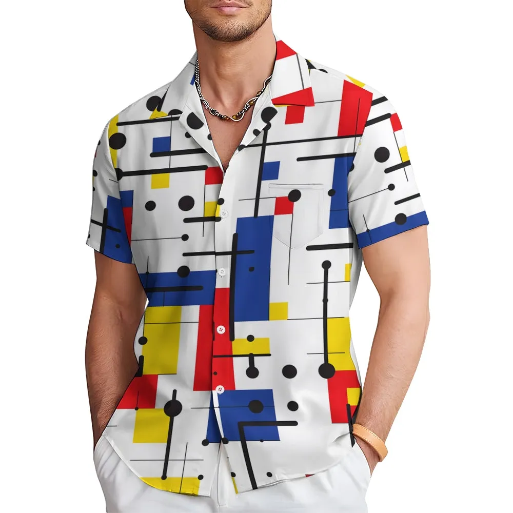 Retro Geometric Color Block Print Men's Button Pocket Short Sleeve Lapel Hawaiian Shirt 2401000116
