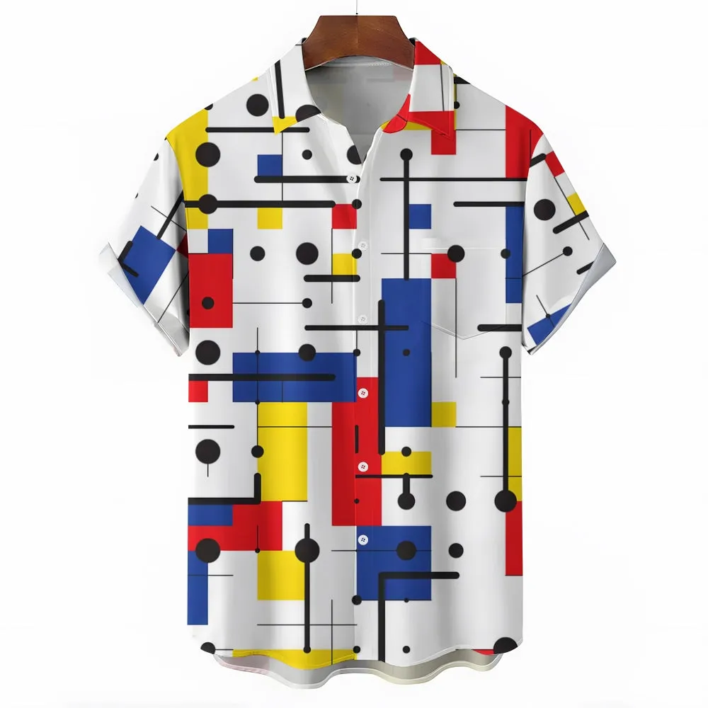 Retro Geometric Color Block Print Men's Button Pocket Short Sleeve Lapel Hawaiian Shirt 2401000116