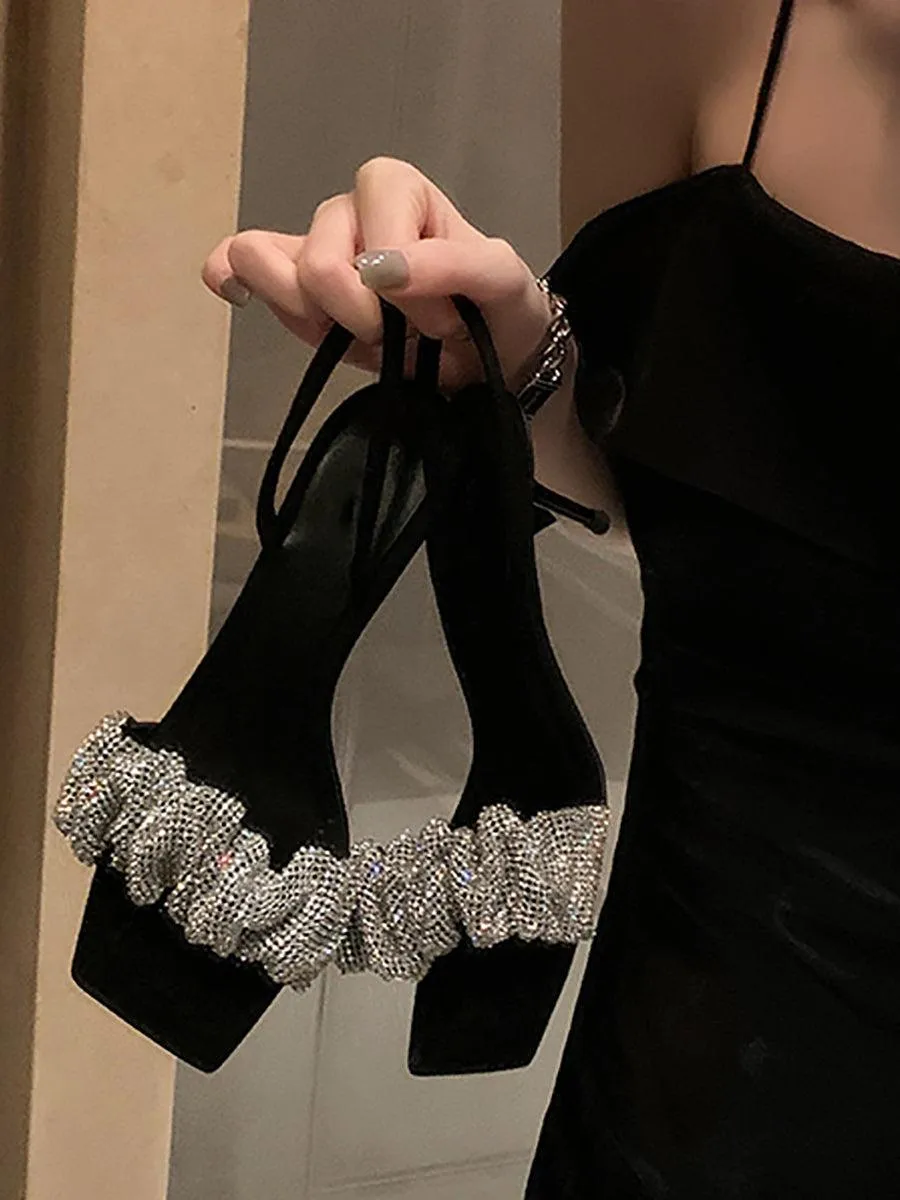 Retro Mid-Heel Square Toe Rhinestone High Heels MHE1084