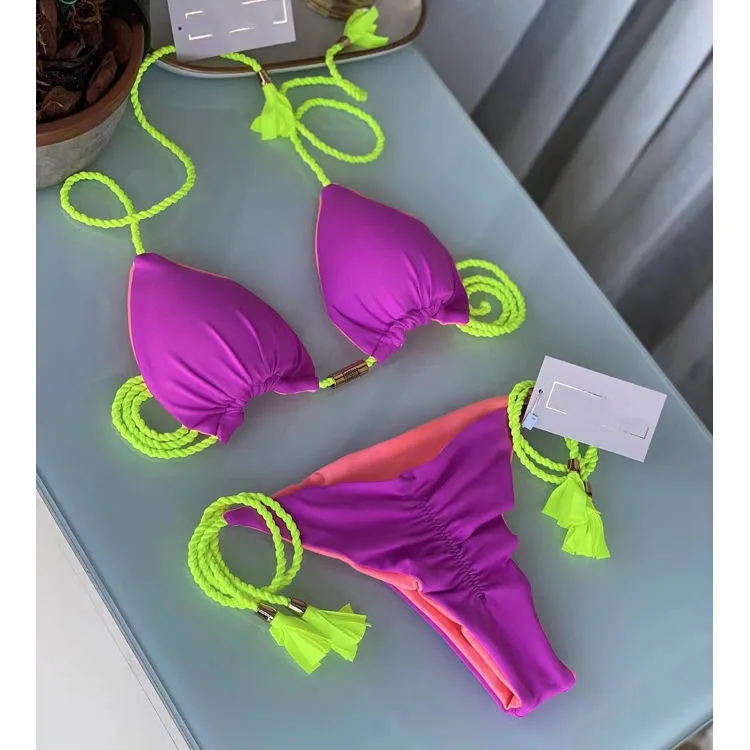 Retro Printing Two Piece Tassel Bikini Set